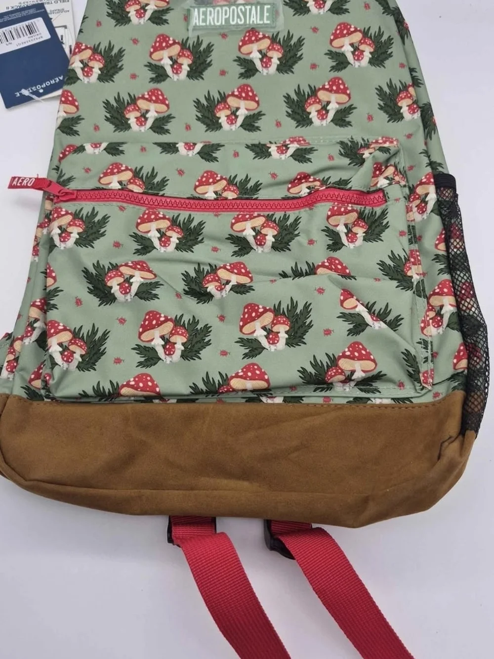 Aeropostale Mint Green With Mushroom Print Backpack with Red Accents NWT